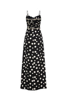 Black Valenciani sweetheart neck spaghetti strap maxi dress, featuring a fitted bodice and flowing skirt, perfect for elegant occasions.