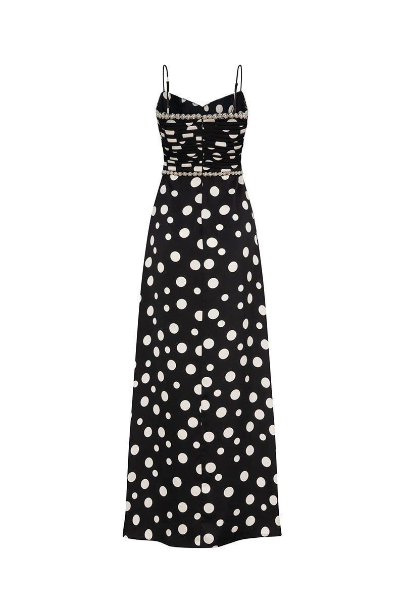 Black Valenciani sweetheart neck spaghetti strap maxi dress, featuring a fitted bodice and flowing skirt, perfect for elegant occasions.
