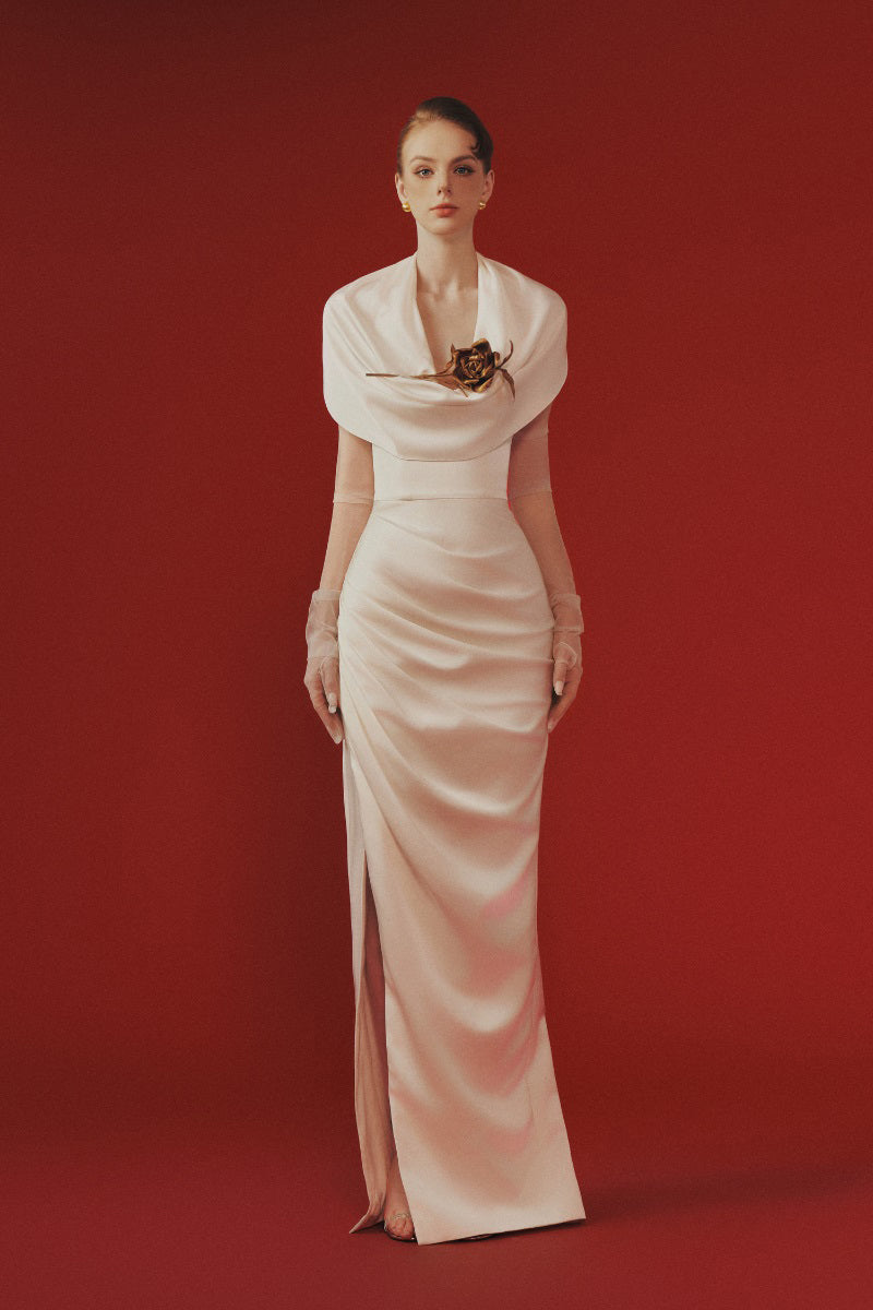 Elegant Margée Atelier Celina Maxi Dress with flowing fabric and floral pattern, perfect for summer occasions.