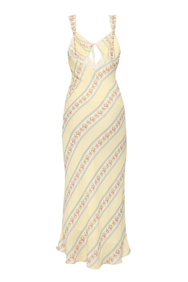Summer Away floral maxi dress with a flowing design and vibrant floral trail pattern, perfect for warm-weather occasions.
