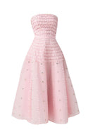 Pink strapless stone organza midi dress by Happy Clothing, featuring a flowy, elegant design perfect for special occasions.