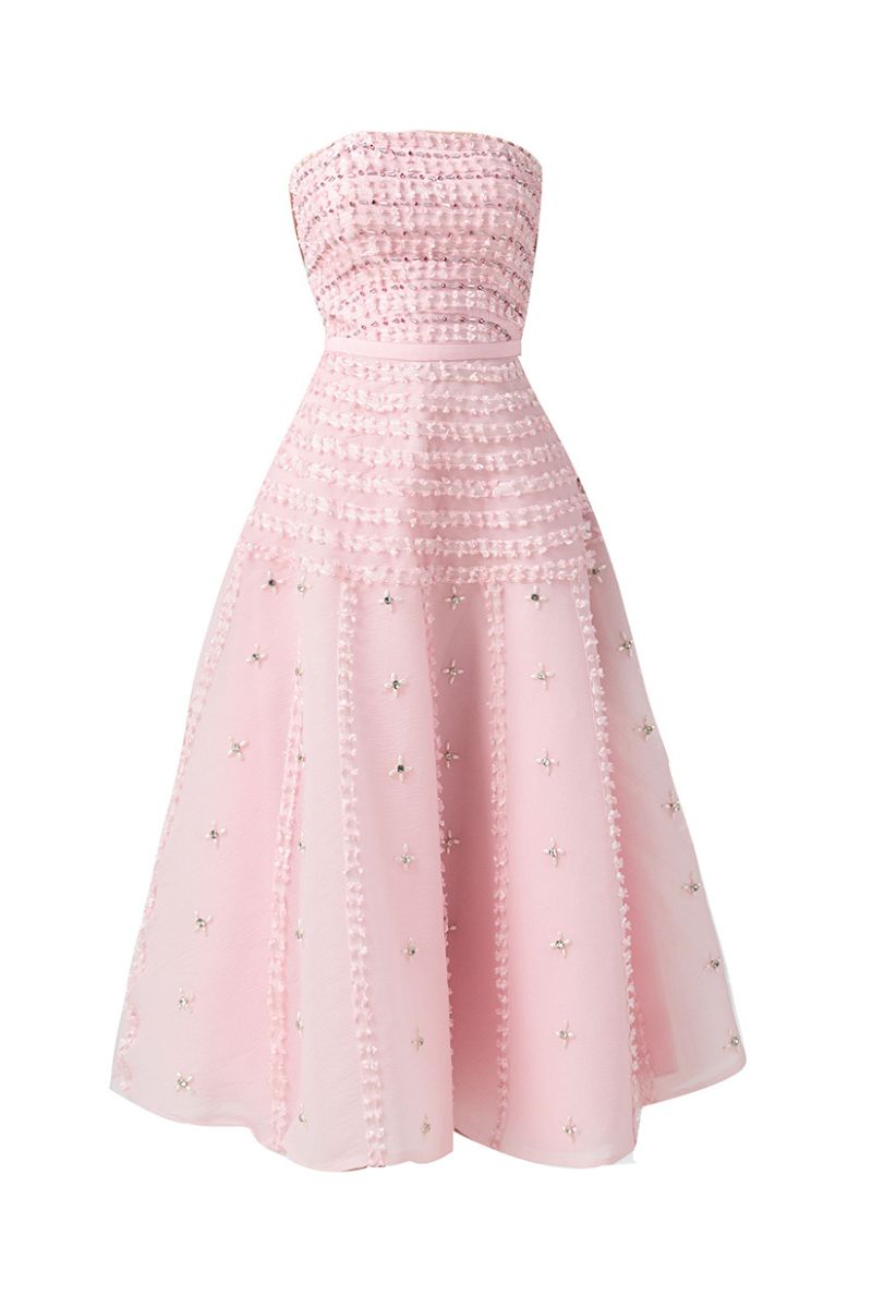 Pink strapless stone organza midi dress by Happy Clothing, featuring a flowy, elegant design perfect for special occasions.