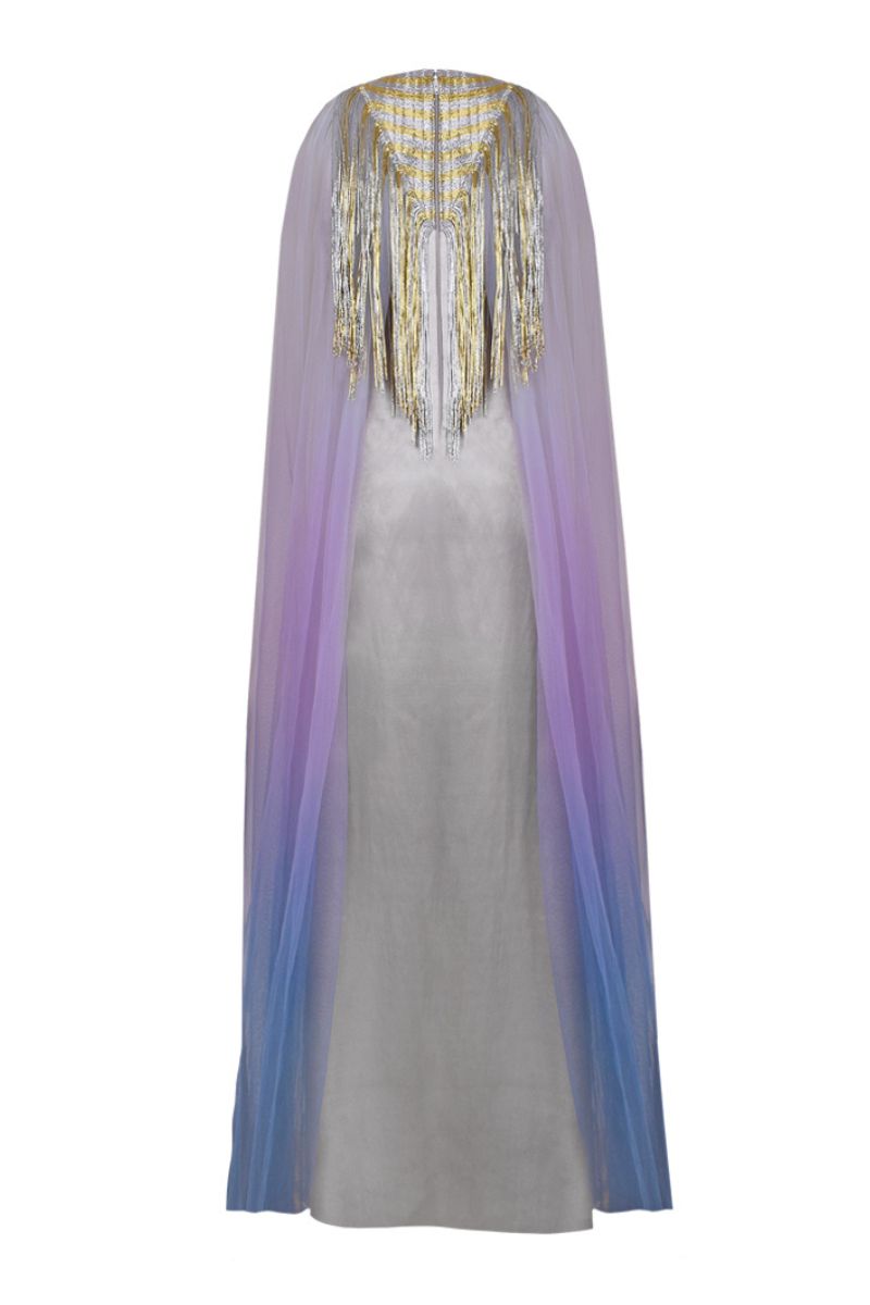 SILVER TRIANGULAR METALLIC TULLE KAFTAN - CULT MIA