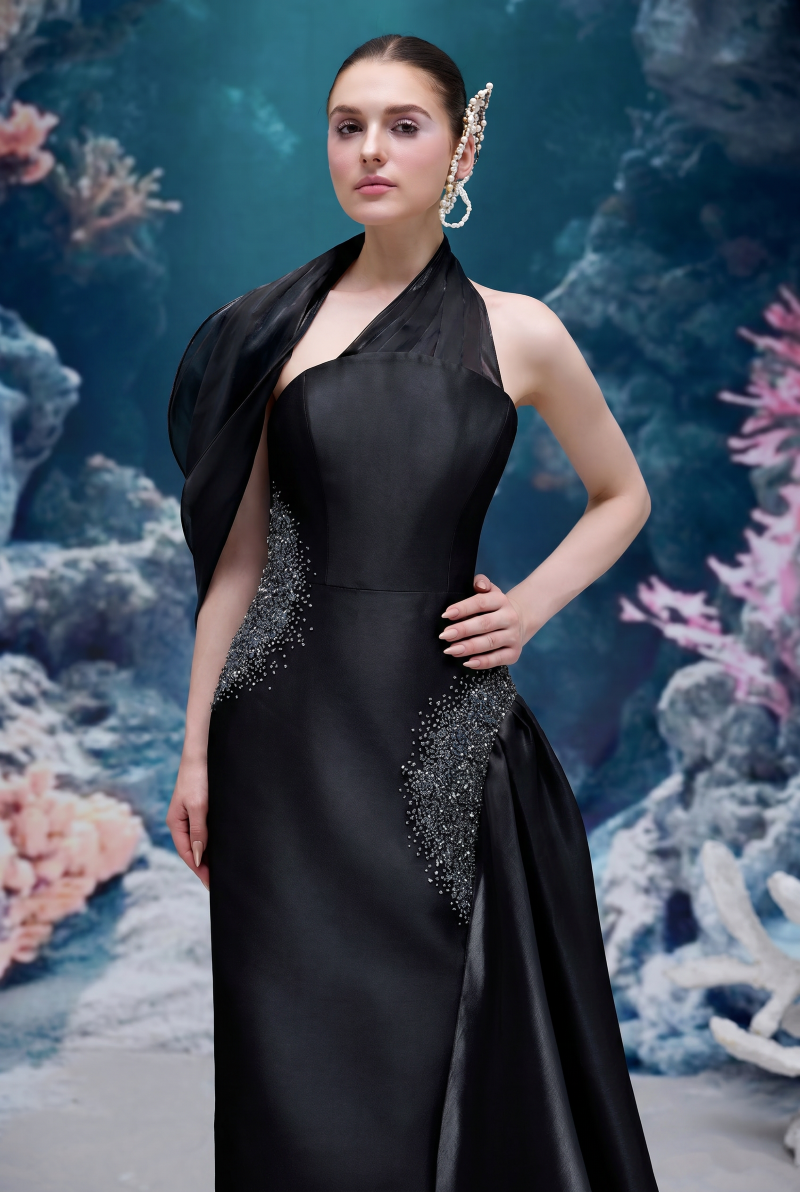 Elegant black Leilani Royal Taffeta gown by 21Six, featuring a flowing design with intricate taffeta fabric and a sophisticated silhouette.