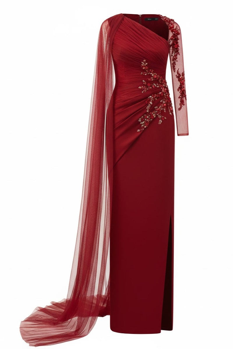 Red IRENA tulle and silk taffeta gown by 21Six, featuring a flowing silhouette and elegant design.