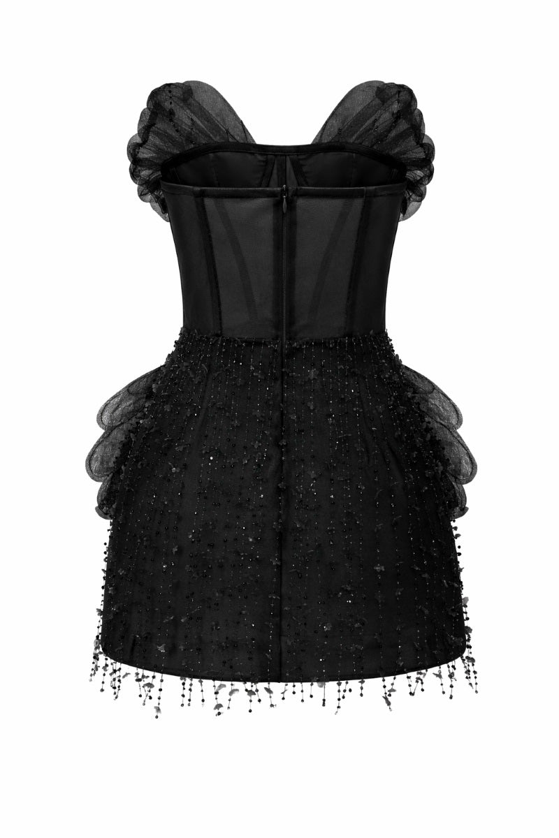 Black Sabrina lace and tulle mini dress by 21Six, featuring intricate lace details and a fitted silhouette.