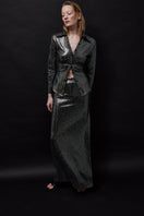 TAGG metallic mid-rise maxi skirt with a flowing design, featuring a shiny metallic fabric and a comfortable waistband.