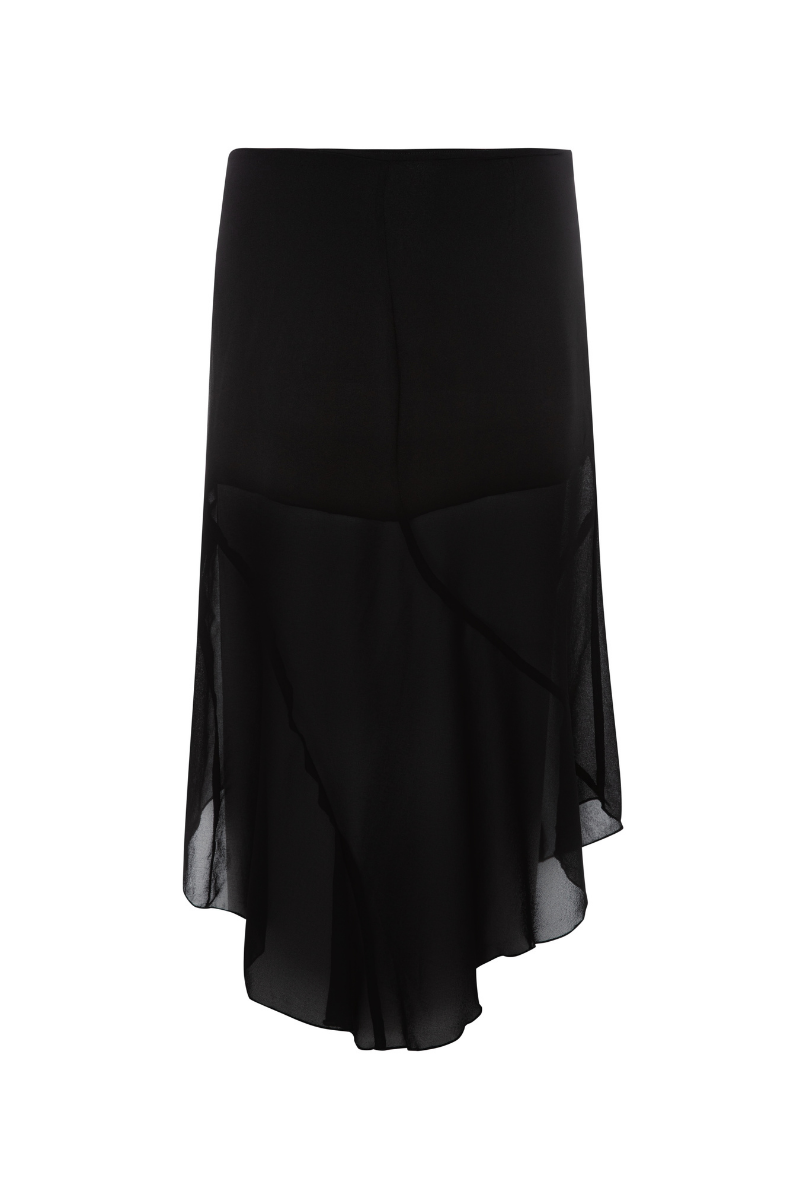 Suncillo Laura midi skirt in flowy fabric with a high waist and elegant design, shown in a neutral color on a model.