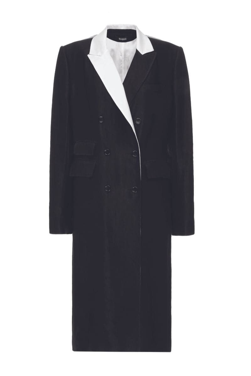 Vaska black double-breasted coat with white collar, stylish and tailored outerwear for a sophisticated look.