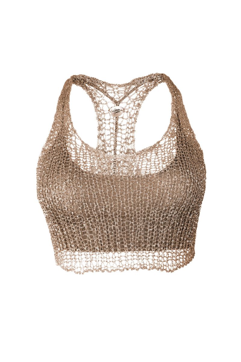 Rose gold Midas racerback top with built-in bralette by Natalia Fedner, featuring a sleek, metallic finish and stylish design.