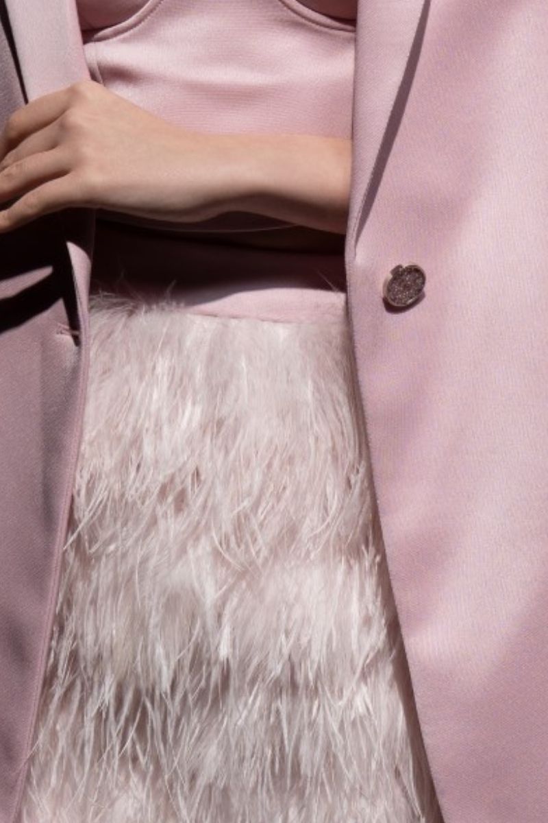 Baby pink Kiera taffeta feather blazer set by 21Six, featuring a stylish co-ord design with feather details and tailored fit.