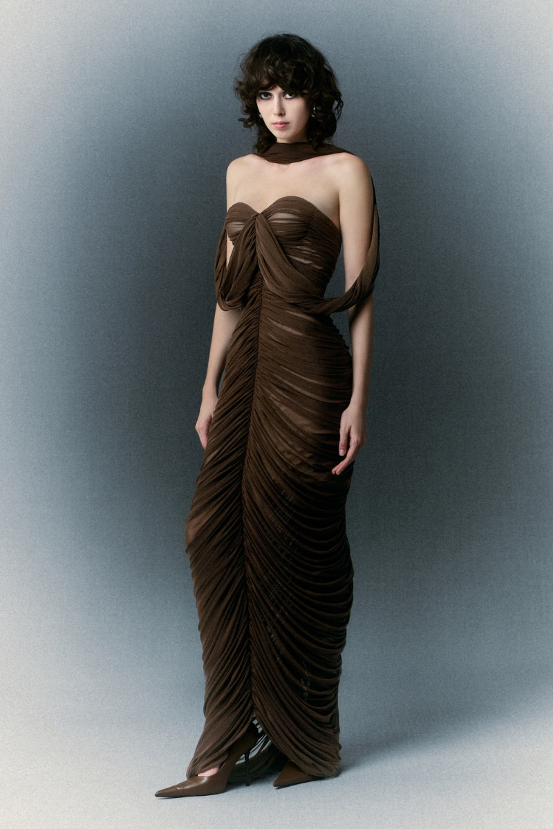 White Plan Sedley brown gown, elegant women's dress with flowing fabric and sophisticated design.