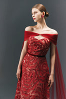 HAPPY CLOTHING CULT MIA X burgundy flower wave A-line maxi gown with matching scarf, flowing and elegant for special occasions.