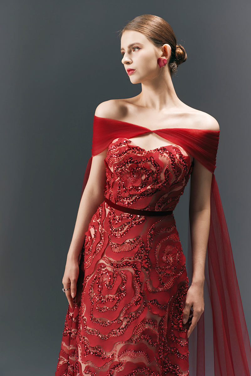 HAPPY CLOTHING CULT MIA X burgundy flower wave A-line maxi gown with matching scarf, flowing and elegant for special occasions.