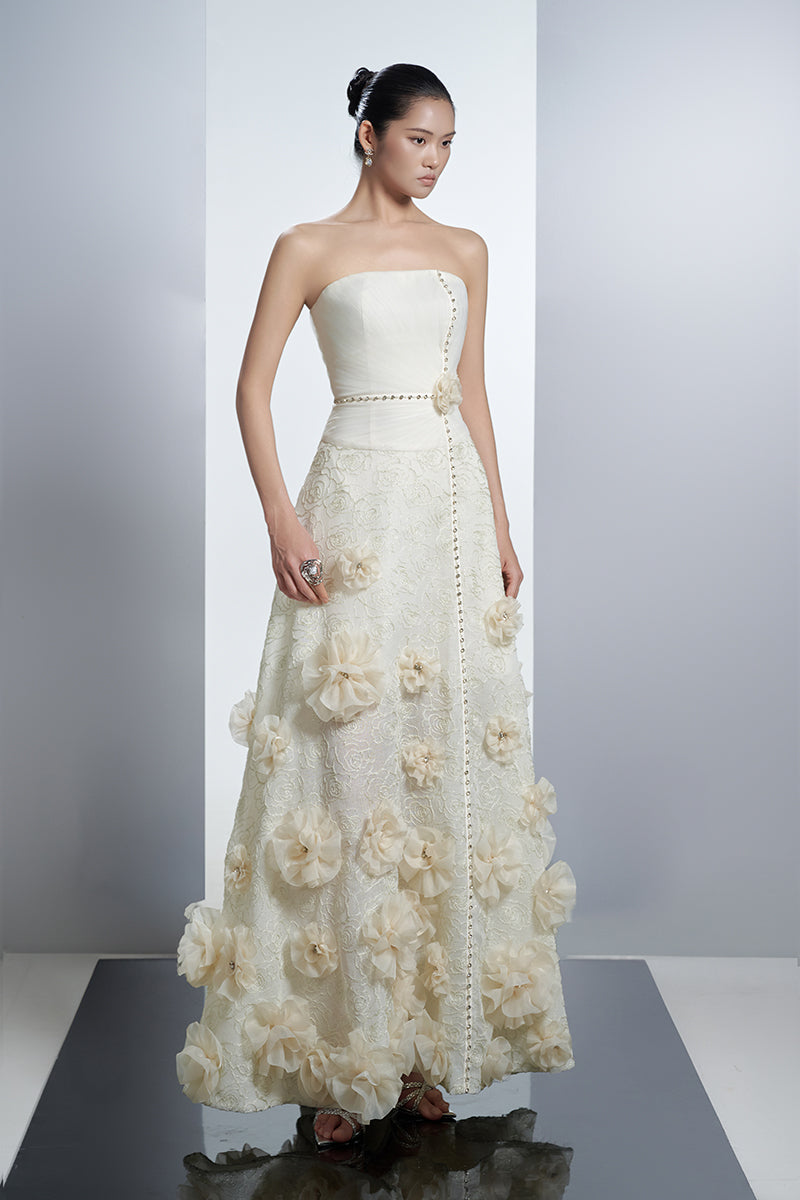 FLORAL A-LINE ORGANZA MAXI DRESS IN WHITE - CULT MIA