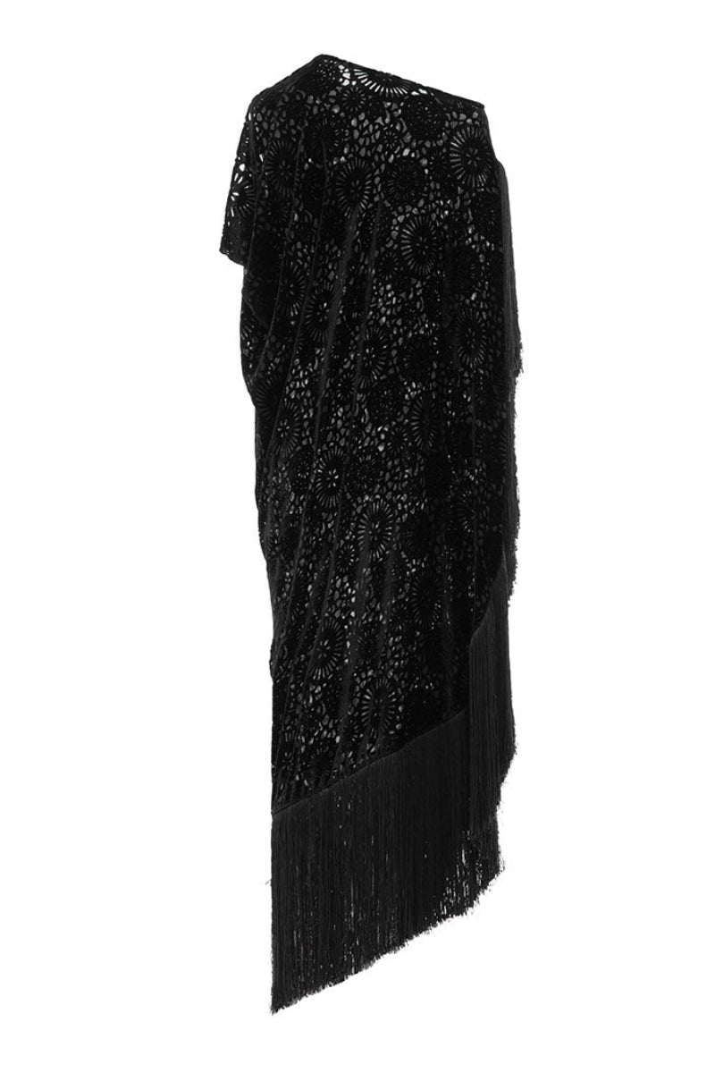 Black Valenciani draped gown with side fringe, showcasing flowing fabric and stylish design.
