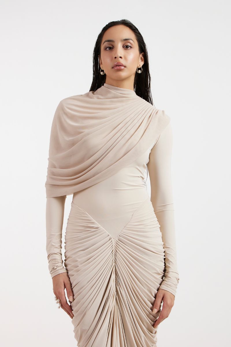 ELORA BEIGE DRAPED GOWN - CULT MIA