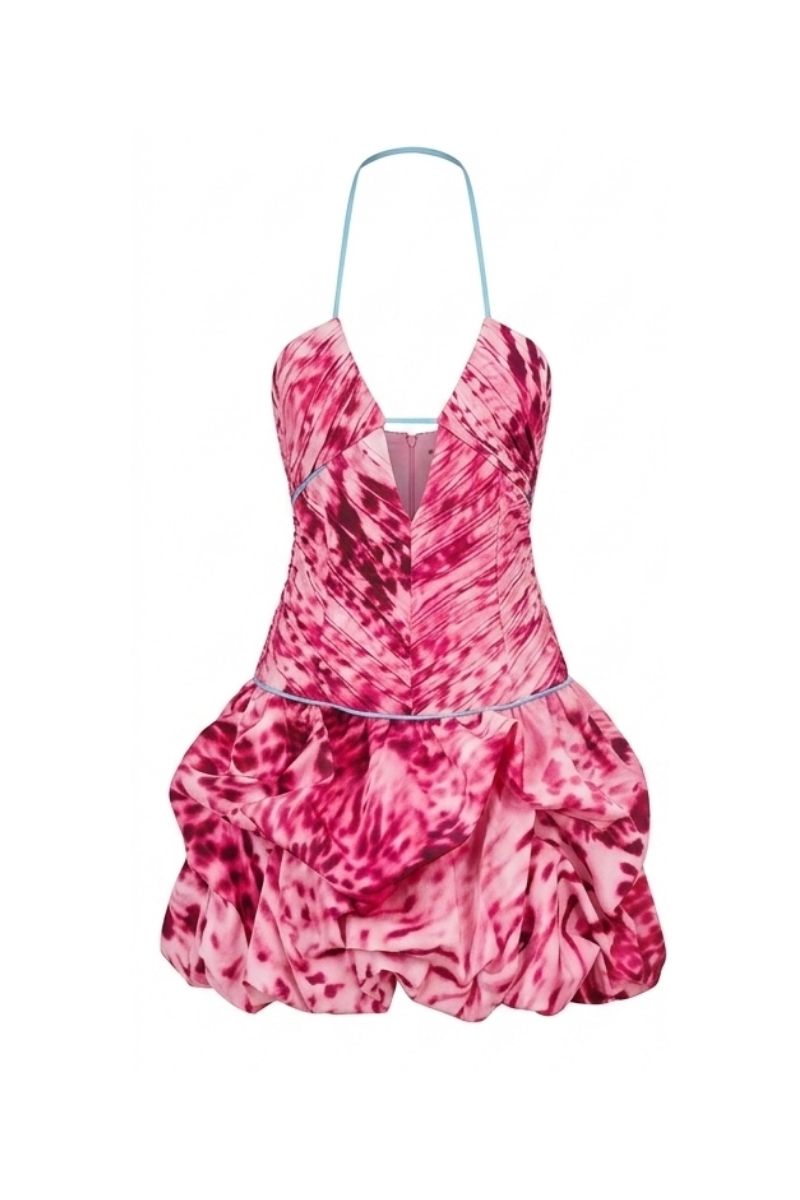 Sisters Serena mini dress in Orchid Glow with vibrant floral pattern, fitted silhouette, and short sleeves.