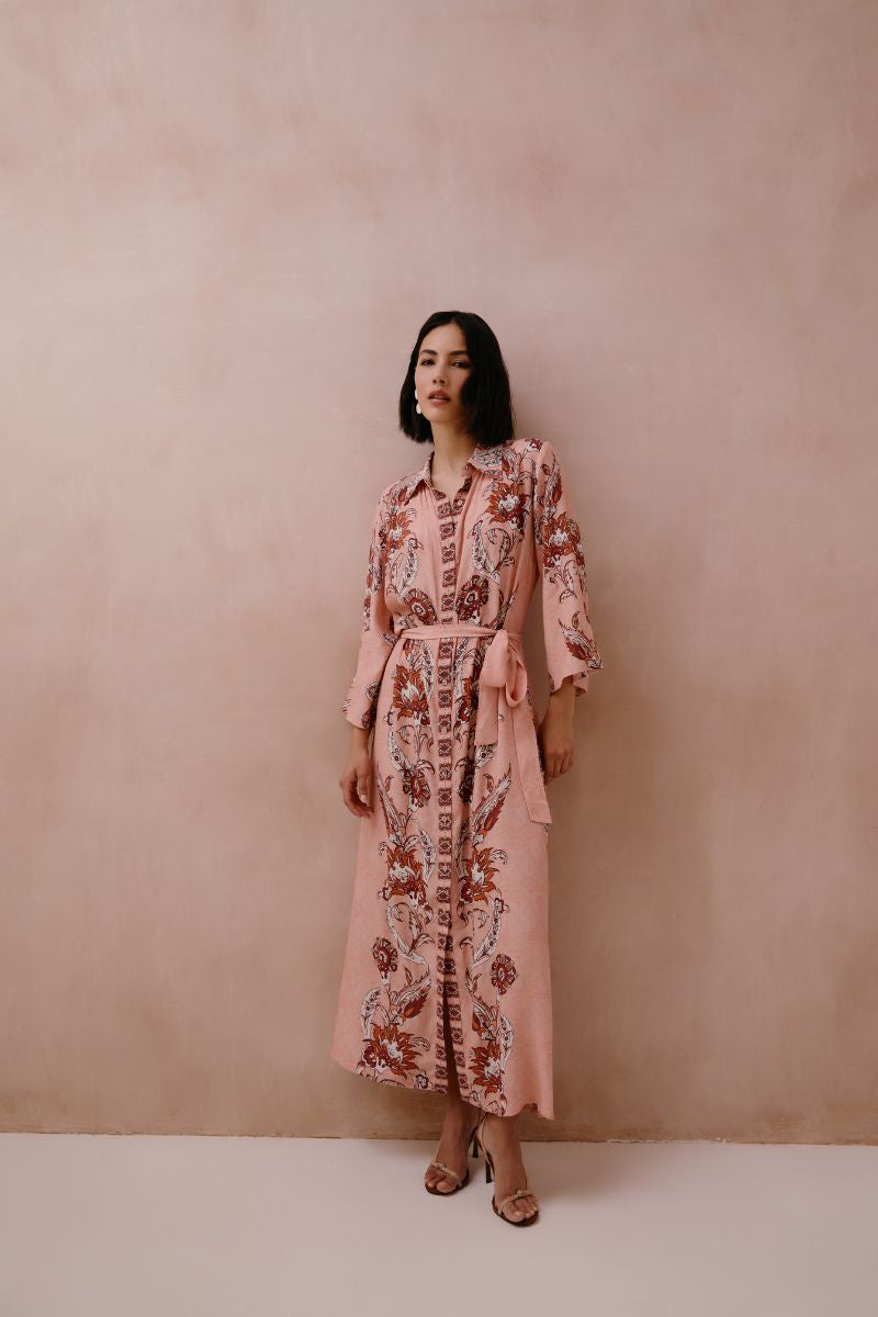 Raishma Sasha pink midi dress displayed on a hanger with elegant fabric and detailed design.