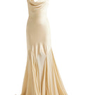 Deme By Gabriella Collen gold gown with elegant flowing fabric and intricate detailing, perfect for formal occasions.