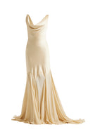 Deme By Gabriella Collen gold gown with elegant flowing fabric and intricate detailing, perfect for formal occasions.