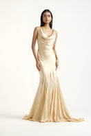 Deme By Gabriella Collen gold gown featuring elegant fabric and detailed design, perfect for formal occasions.