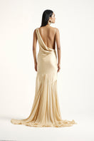 Deme By Gabriella Collen Gold gown featuring elegant fabric and a flowing design, perfect for formal occasions.