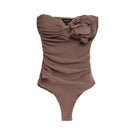 Brown draped bustier bodysuit with floral detail from Kris Marán, featured as a stylish tops option.