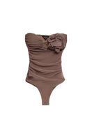 Brown draped bustier bodysuit with floral detail from Kris Marán, featured as a stylish tops option.