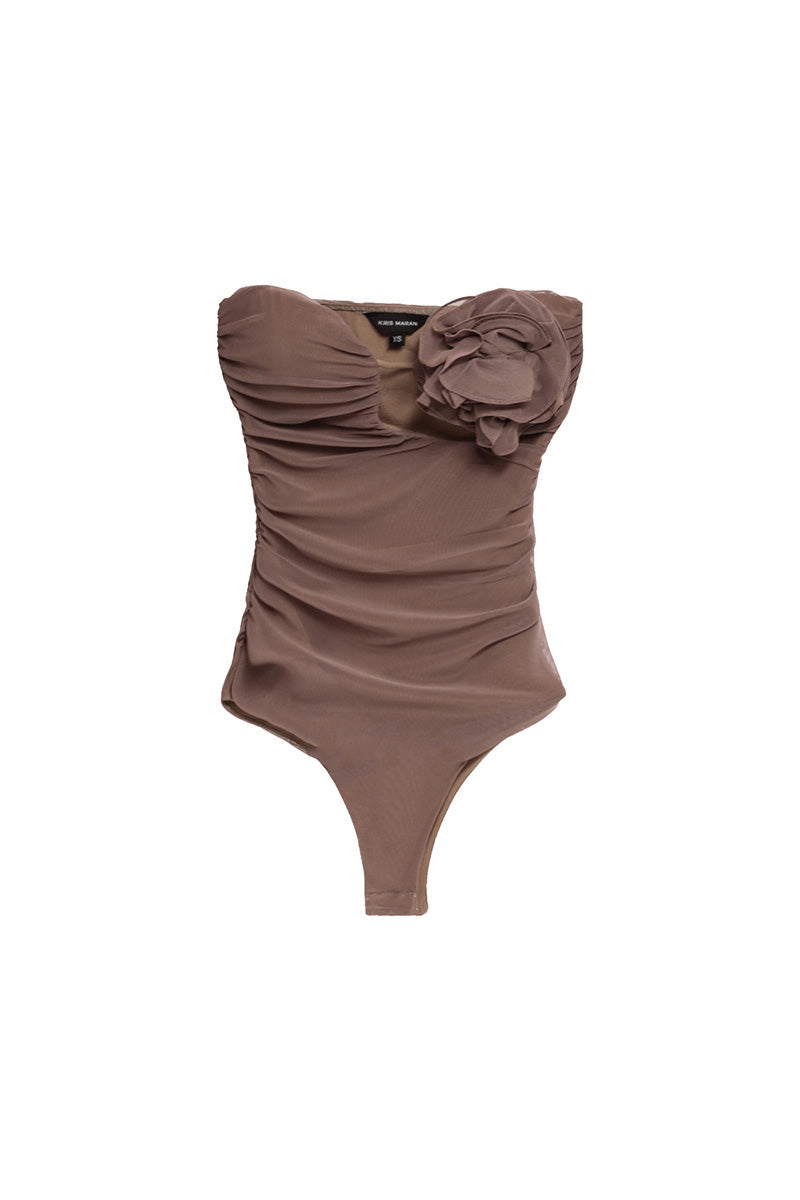 Brown draped bustier bodysuit with floral detail from Kris Marán, featured as a stylish tops option.