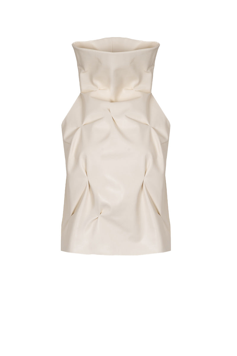 Off-white ruched top with high collar by KRIS MARÁN, featuring gathered fabric and stylish design for a chic look.