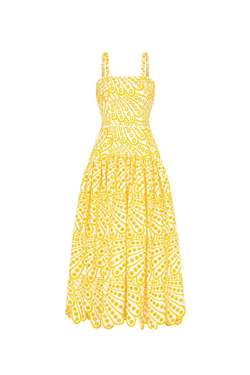 FLORAL EYELET MIDI DRESS IN YELLOW