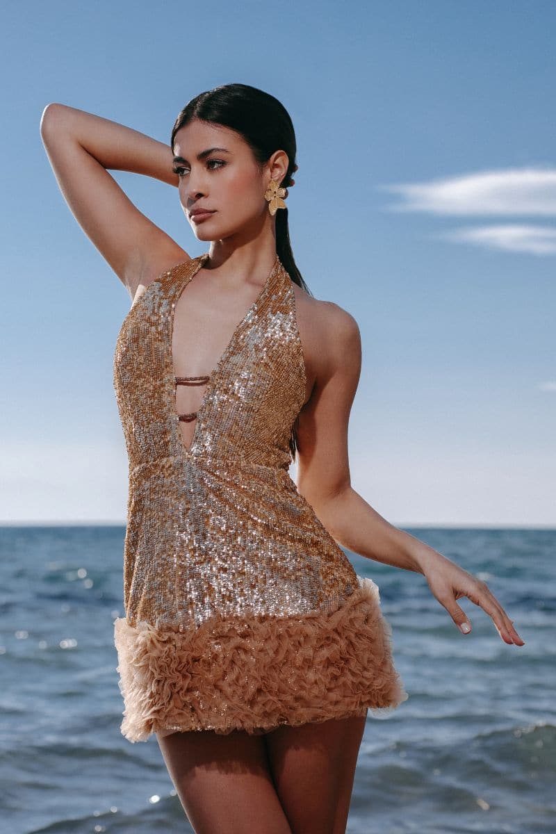 GOLD SEQUINNED TULLE-DETAIL MINI DRESS - CULT MIA