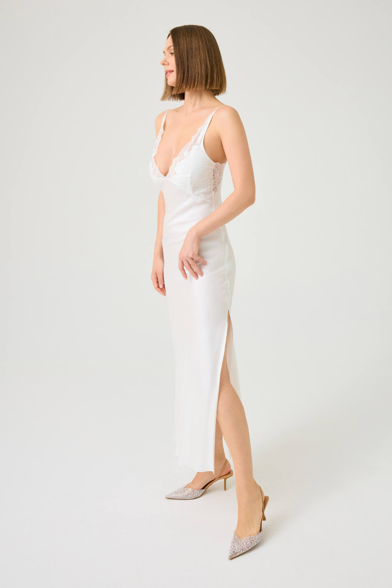 Bocan Couture ELLE long rayon nightgown with off-white lace details, flowing fabric and elegant design for comfortable sleepwear.