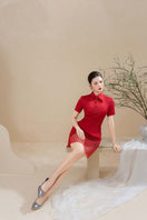 Do Long Crimson Petal Mini Dress, stylish short dress with floral pattern, fitted bodice, and flared skirt, worn by a model.