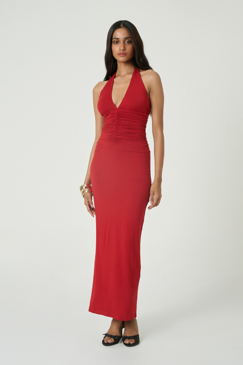 Summer Away Garda Maxi Dress in cherry with floral pattern, flowing sleeveless design, perfect for summer occasions.