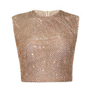 CEM gold mesh top, stylish sleeveless fashion top with a sheer mesh design, perfect for trendy casual or evening wear.