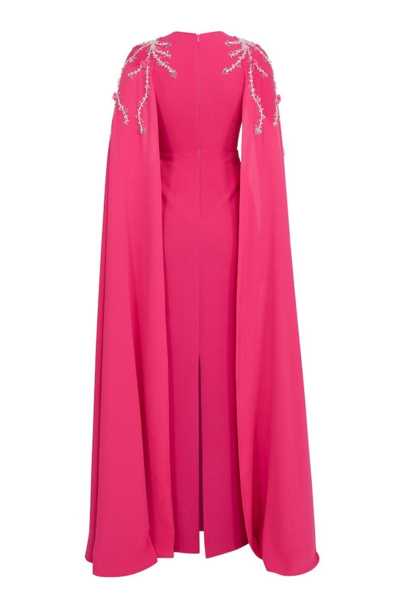 FUCHSIA STRAIGHT CUT WITH CAPE LONG DRESS - CULT MIA