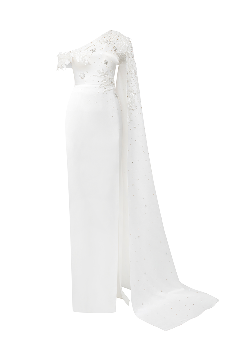 WHITE ASYMMETRIC SLEEVE SIDE SLIT GOWN - CULT MIA
