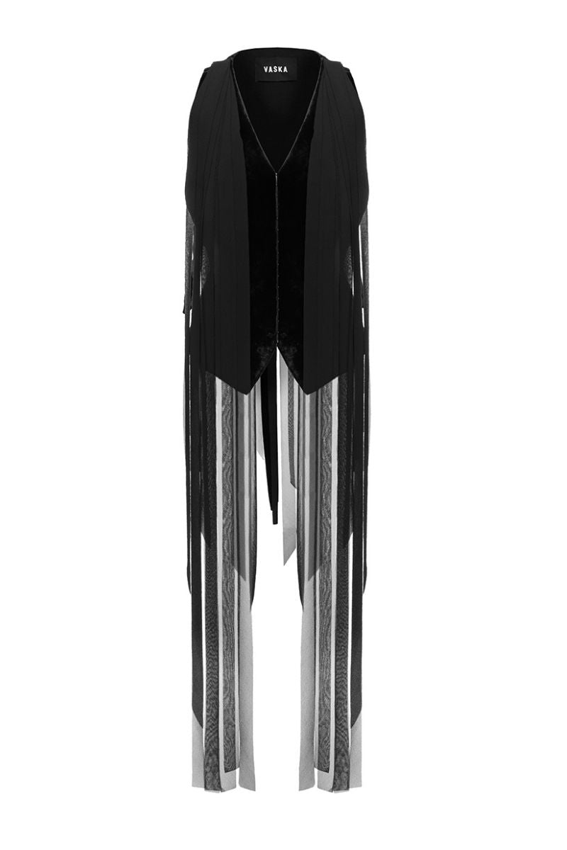 Black Vaska jacket with chiffon ribbon accents, stylish outerwear featuring a sleek design and elegant detailing.