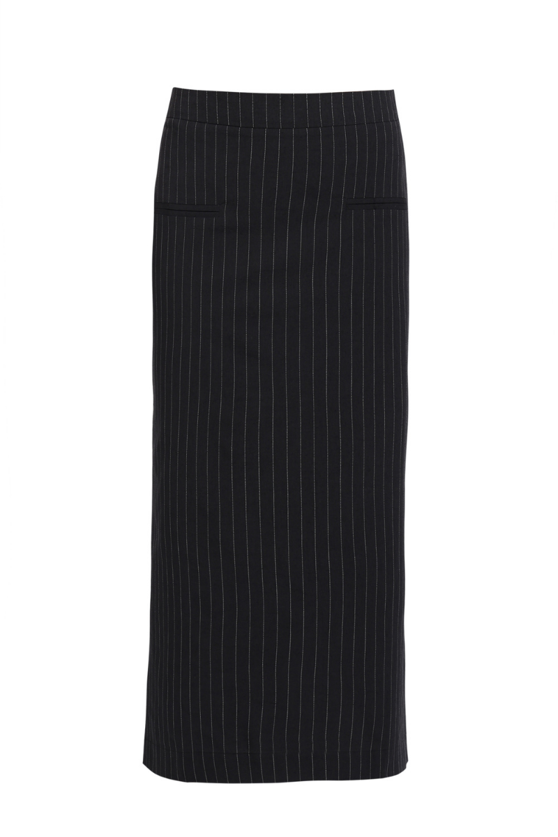 Summer Away Audrey skirt in vintage blue midi length with flowy fabric and high waist, displayed on a hanger against a neutral background.