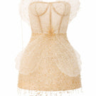 Beige Sabrina lace and tulle mini dress by 21Six, featuring intricate lace details and a flowing tulle skirt.