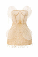 Beige Sabrina lace and tulle mini dress by 21Six, featuring intricate lace details and a flowing tulle skirt.