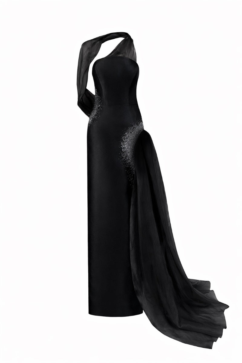 Black Leilani Royal Taffeta gown by 21Six, featuring elegant flowing fabric and a fitted bodice, perfect for formal occasions.