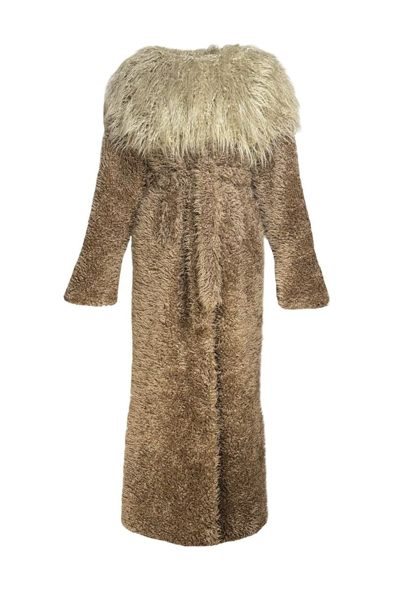 FAUX FUR MAXI COAT WITH FLARED SLEEVES IN BEIGE - CULT MIA