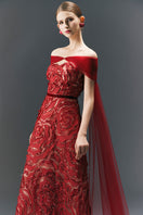 HAPPY CLOTHING CULT MIA X burgundy flower wave A-line maxi gown with matching scarf, flowing fabric and floral pattern.