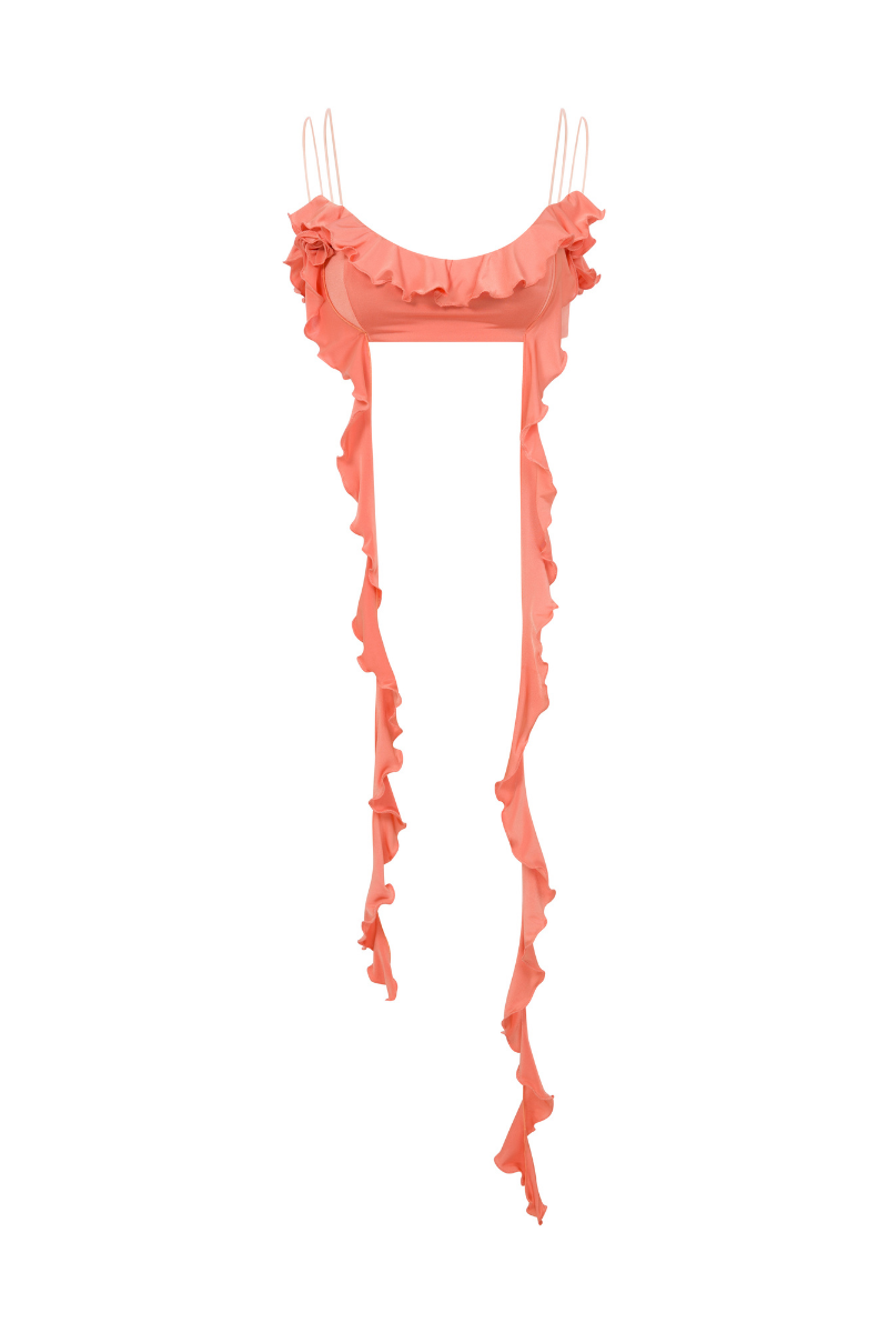 Sudi Etuz peach orange jersey crop top with ruffles, short sleeves, and a fitted design, perfect for casual or summer wear.