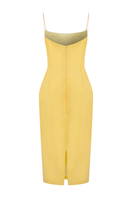 Sudi Etuz liquid organza sculpt dress, a midi dress with flowing fabric and elegant design, displayed on a mannequin.