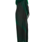 Green Valenciani fringed one-shoulder maxi gown with flowing fabric and elegant drape, perfect for formal occasions.