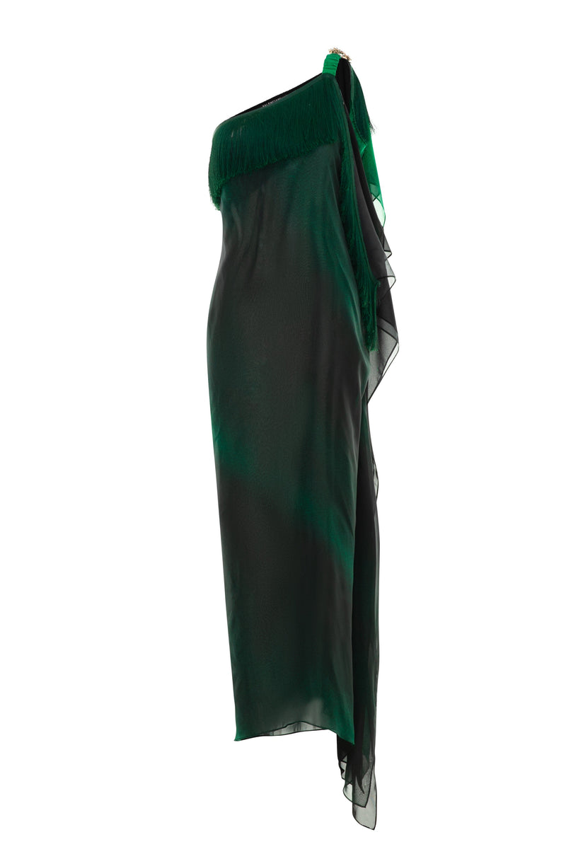 Green Valenciani fringed one-shoulder maxi gown with flowing fabric and elegant design, perfect for formal occasions.